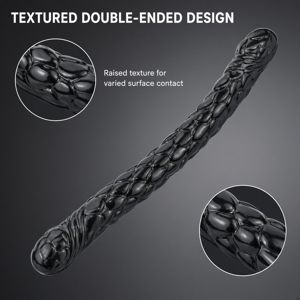 Black textured double-ended dildo with raised surface detail close-ups