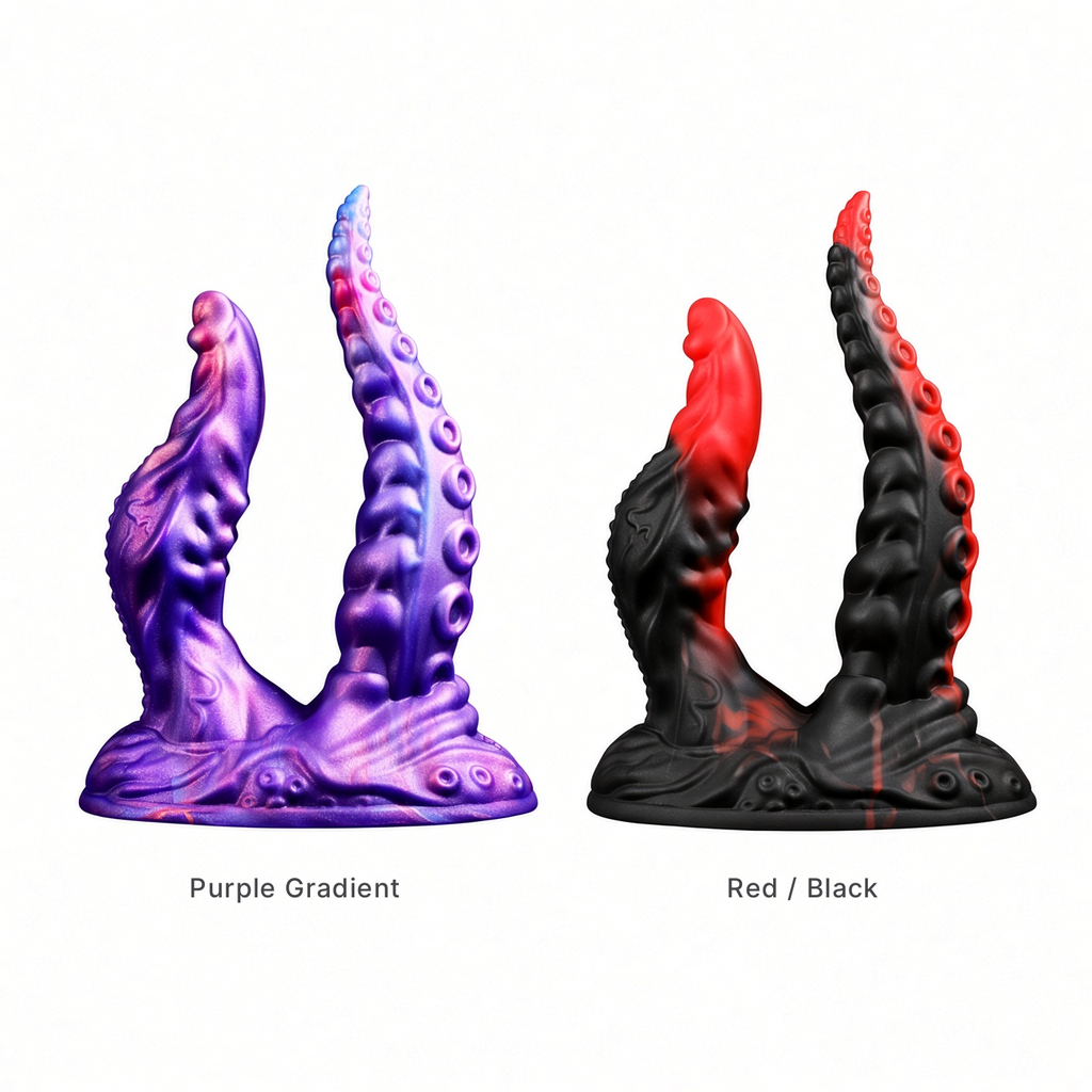 Purple gradient and red black color options for dual-texture fantasy dildo