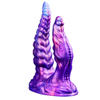 Hand-held purple dual-texture fantasy dildo showing flexible arms and raised surface details