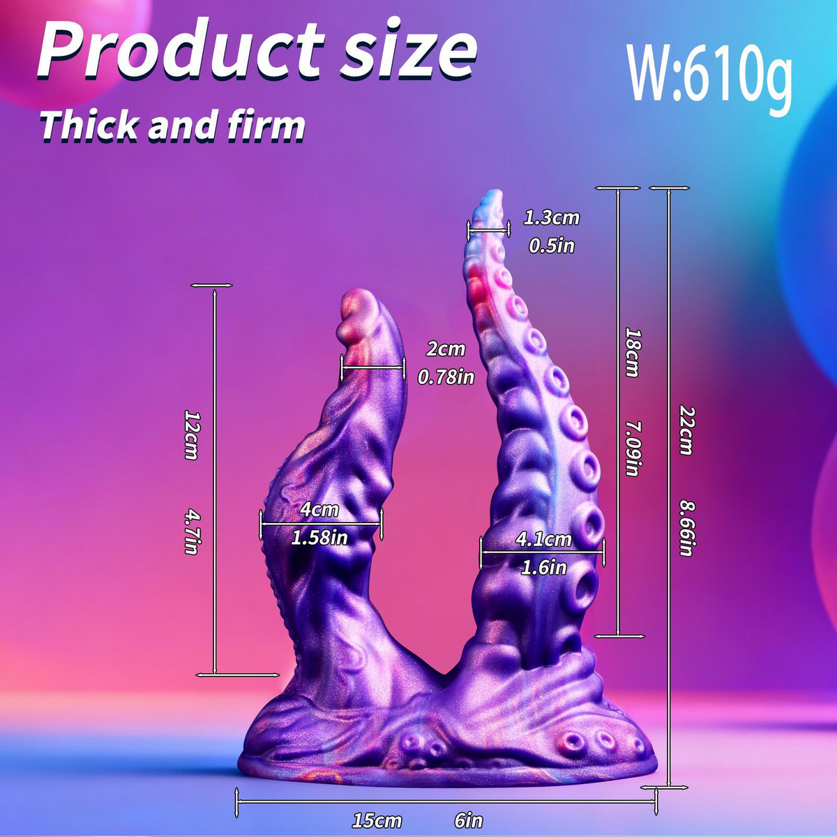Purple gradient dual-texture fantasy dildo size guide in inches and centimeters