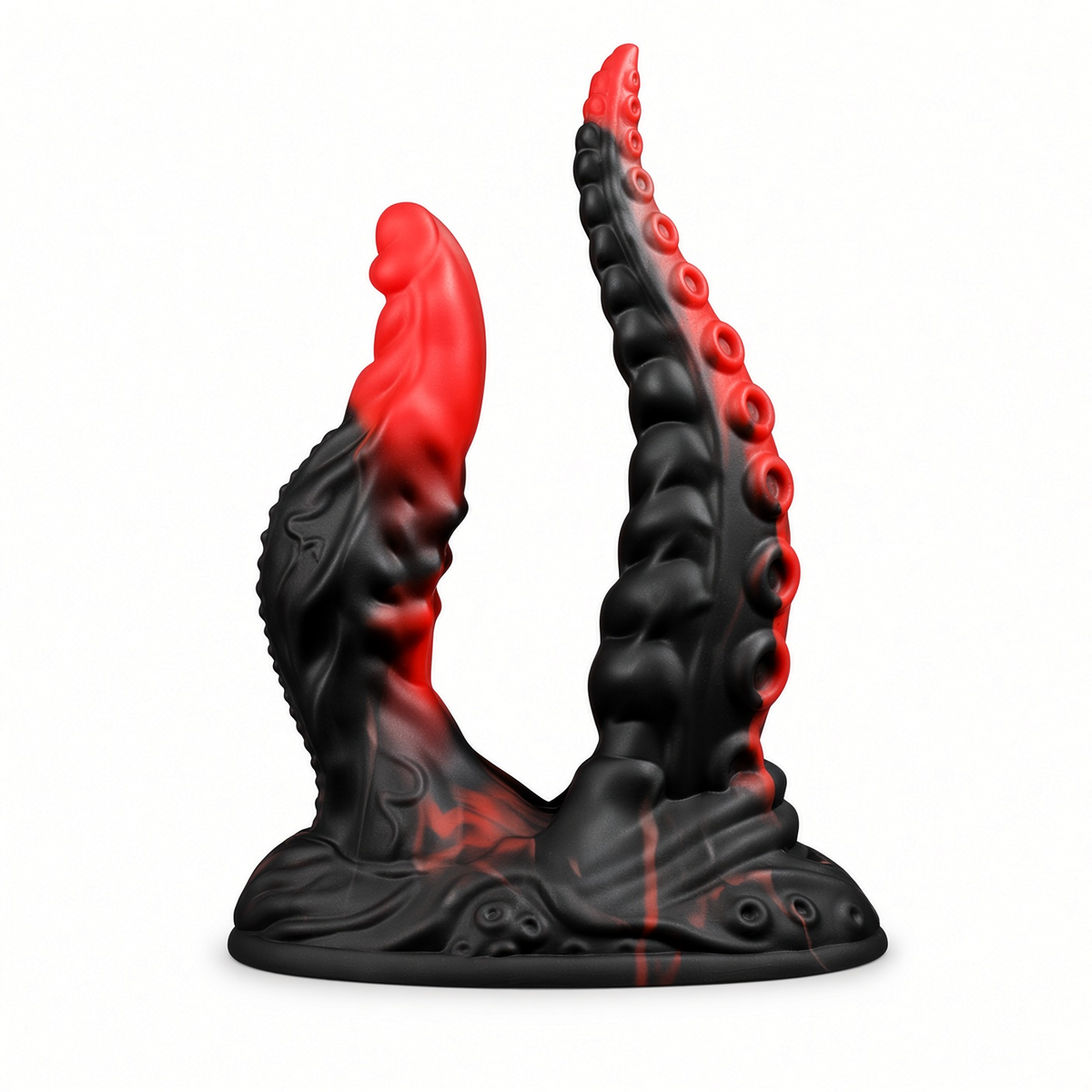Red and black dual-texture fantasy dildo with suction base
