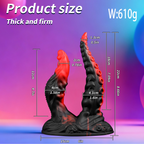 Red and black dual-texture fantasy dildo size guide in inches and centimeters