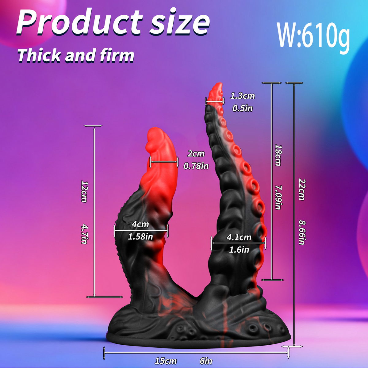 Red and black dual-texture fantasy dildo size guide in inches and centimeters