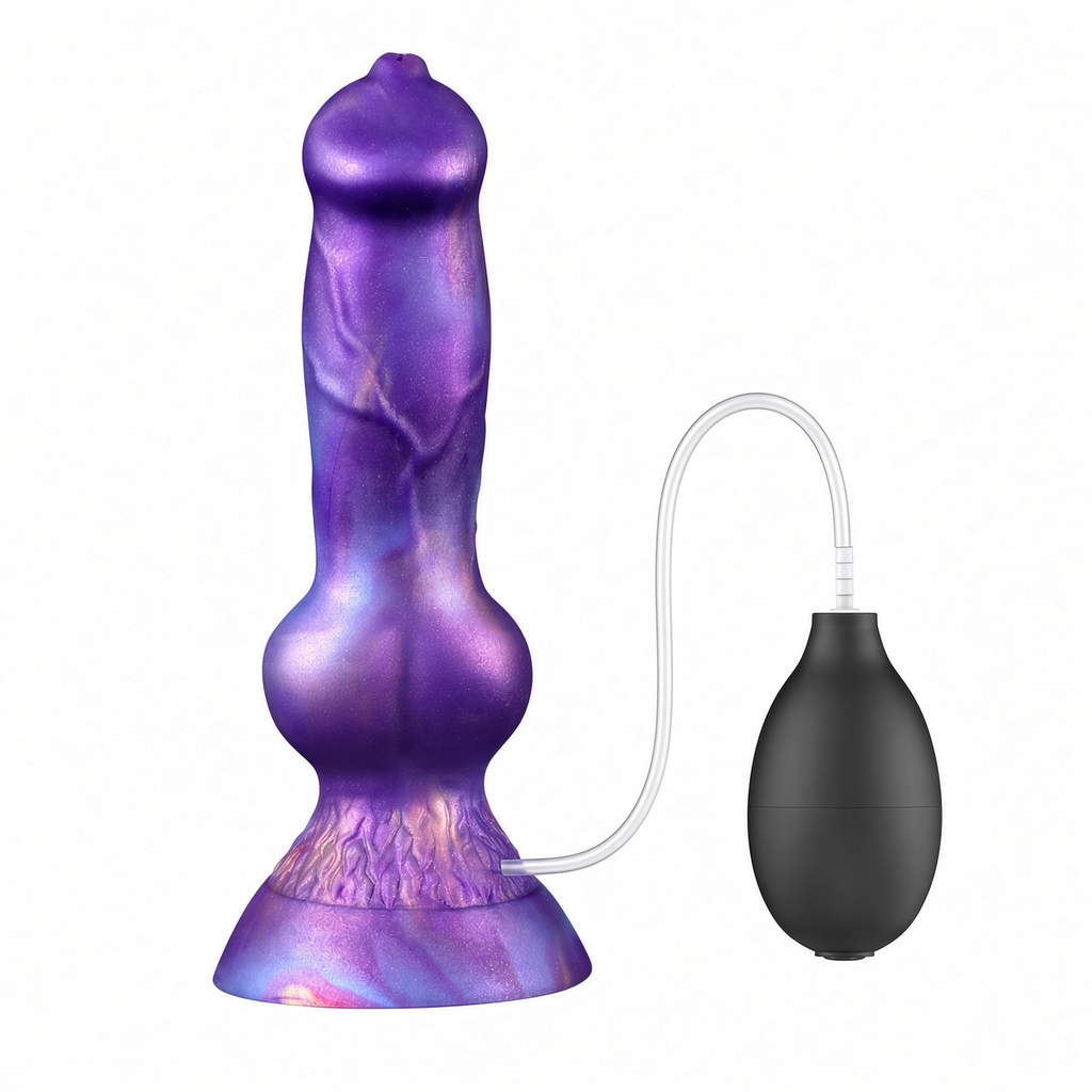 Purple water-fillable squirting fantasy dildo with hand pump on white background