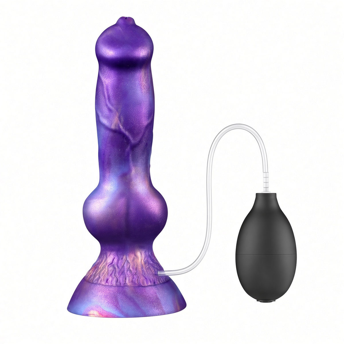 Purple water-fillable squirting fantasy dildo with hand pump on white background