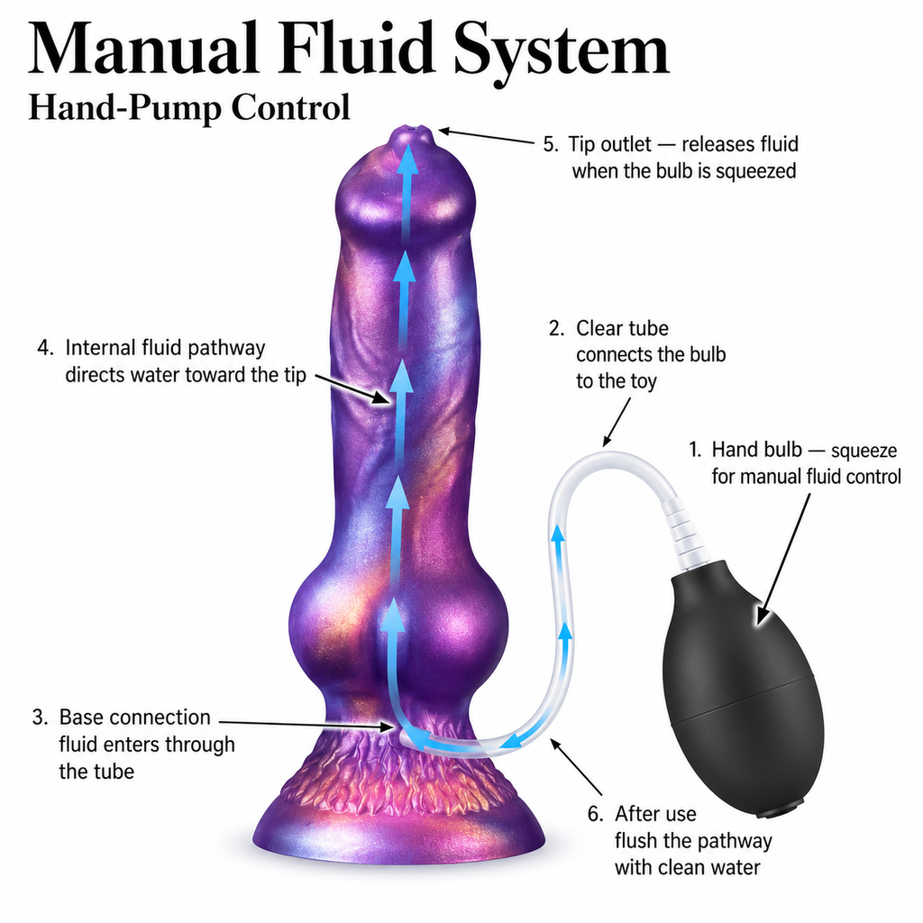 Manual fluid system diagram for purple squirting fantasy dildo with hand bulb and clear tube