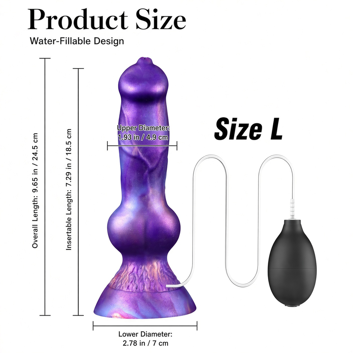 Size L water-fillable fantasy dildo dimensions with hand bulb