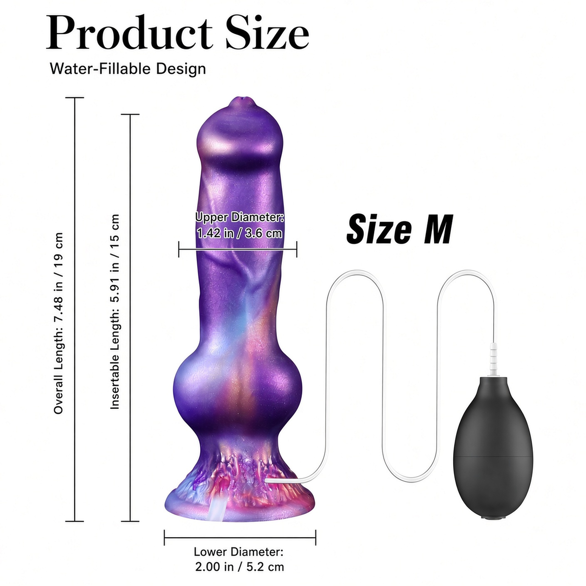 Size M water-fillable fantasy dildo dimensions with hand bulb