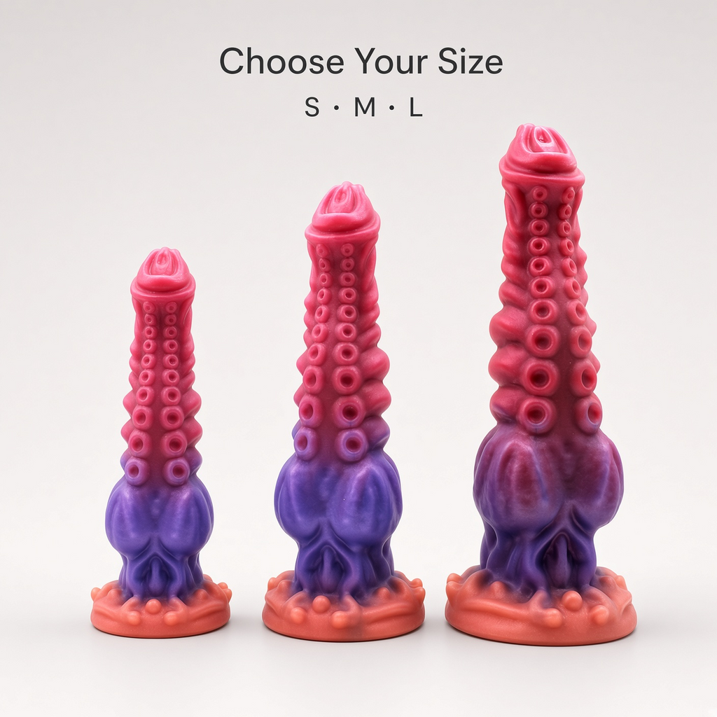Tentacle texture fantasy dildo in S, M, and L size comparison