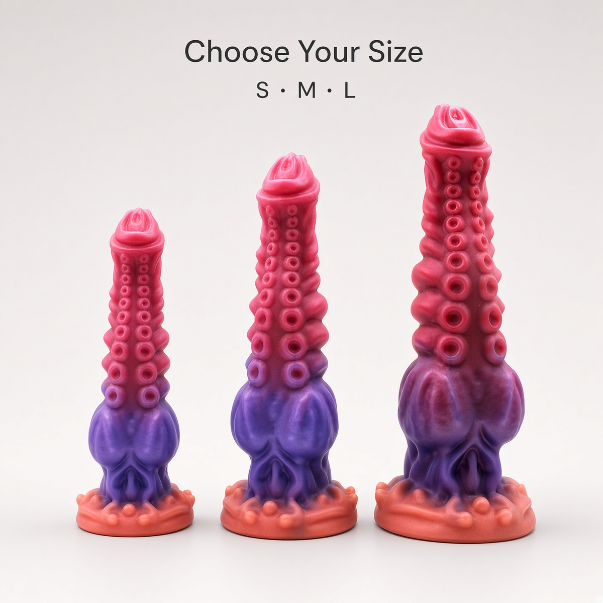 Tentacle texture fantasy dildo in S, M, and L size comparison