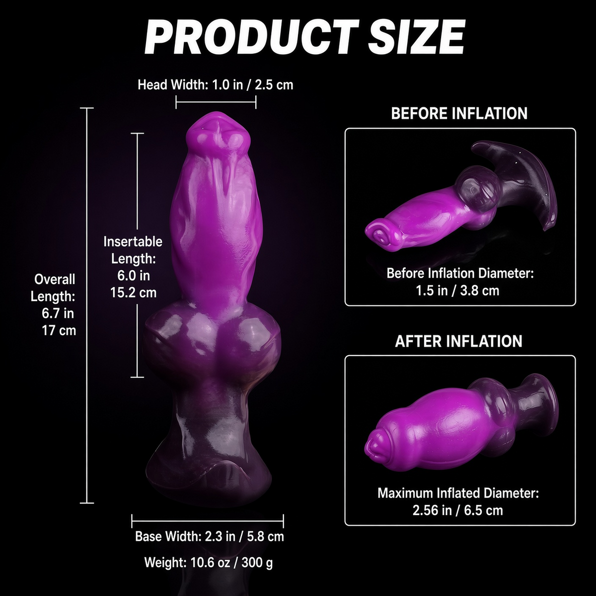 CR-242 inflatable silicone anal plug size and inflation dimensions
