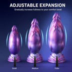 Inflatable silicone dildo showing adjustable expansion from smaller to fuller profile