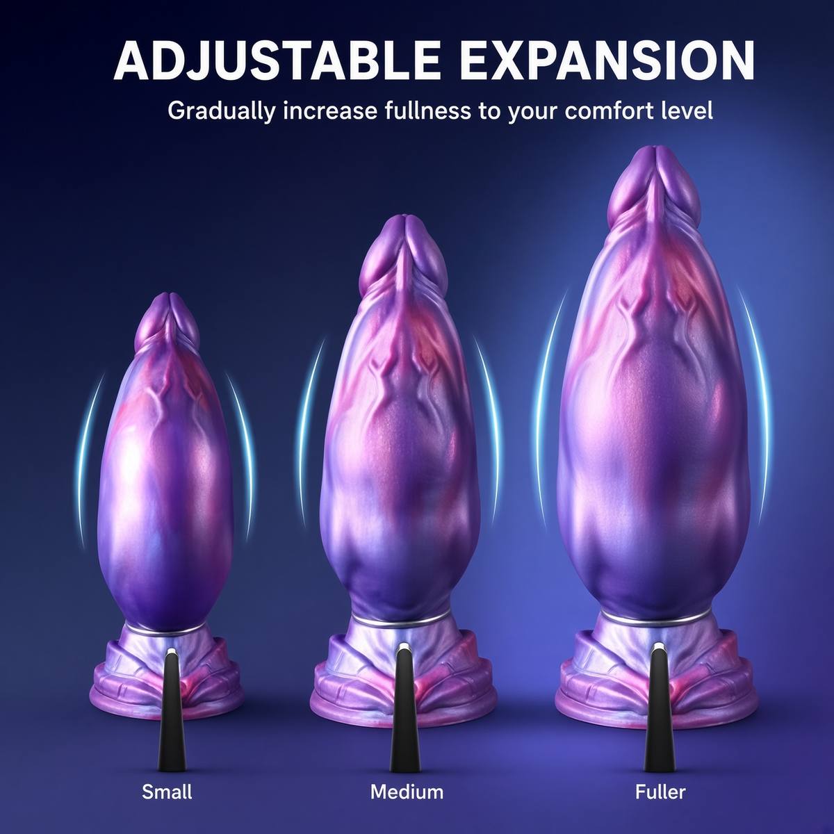 Inflatable silicone dildo showing adjustable expansion from smaller to fuller profile