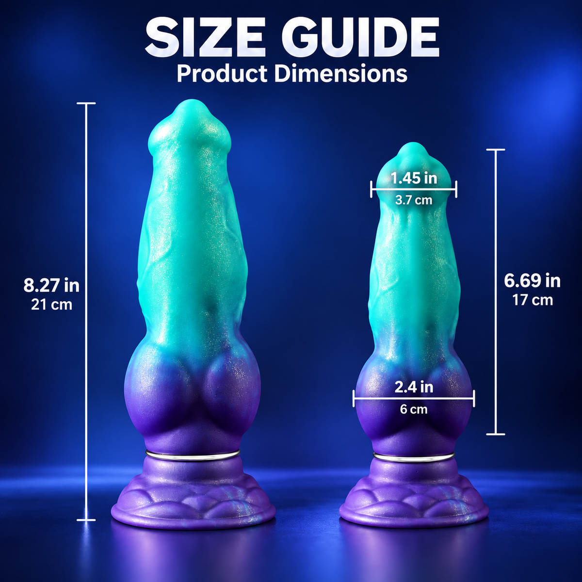 Peter inflatable silicone dildo size guide with inch-first dimensions