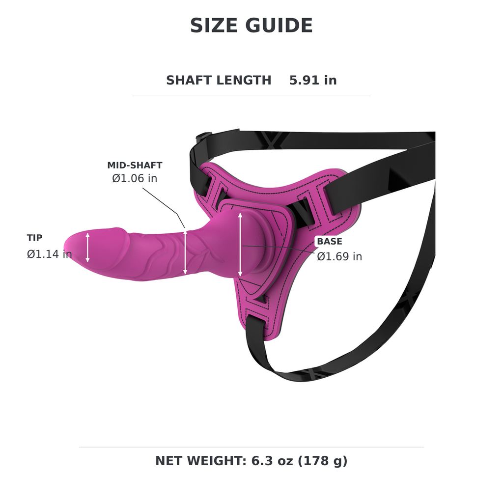 CR-245 purple strap-on harness dimension guide with length and three diameter measurements in inches, weight 6.3 oz (178 g)