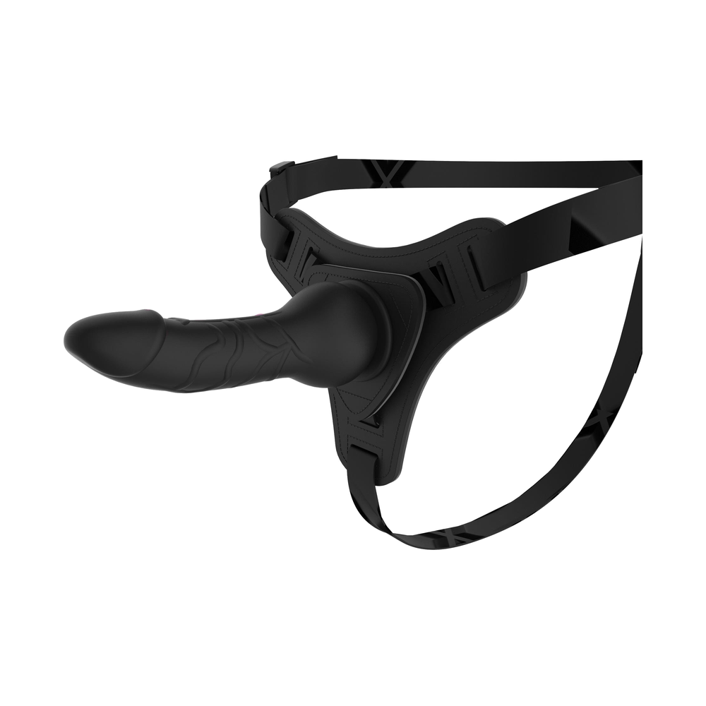 Black adjustable harness with attached textured extension, side view