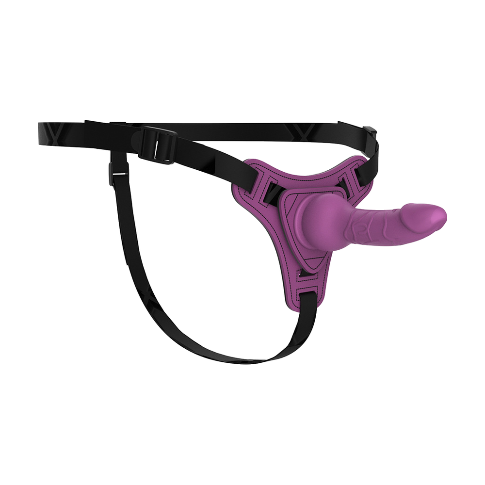 Purple adjustable harness with attached textured extension, side view