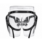 Black butterfly adjustable harness shown from the back, revealing waistband and leg-strap arrangement