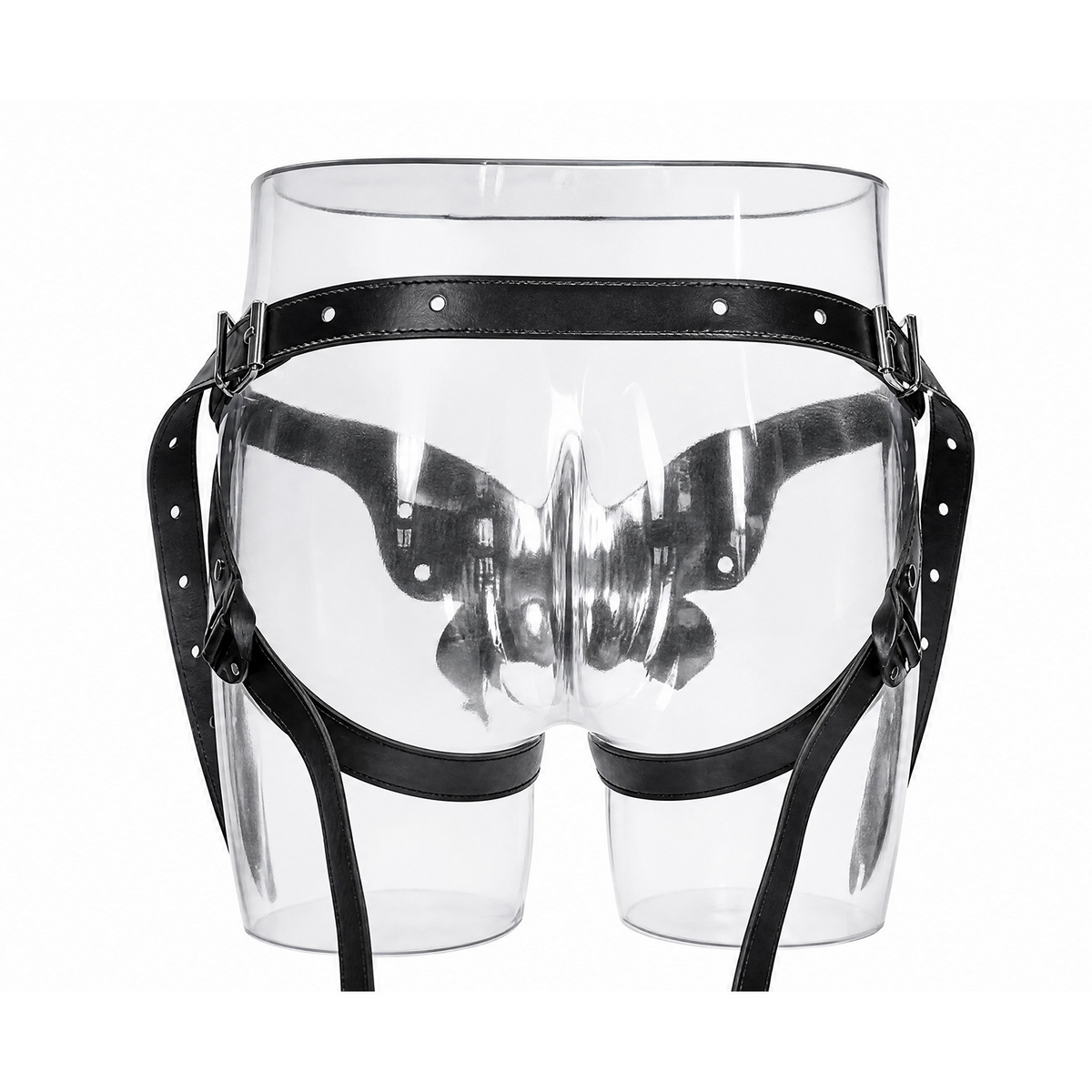 Black butterfly adjustable harness shown from the back, revealing waistband and leg-strap arrangement