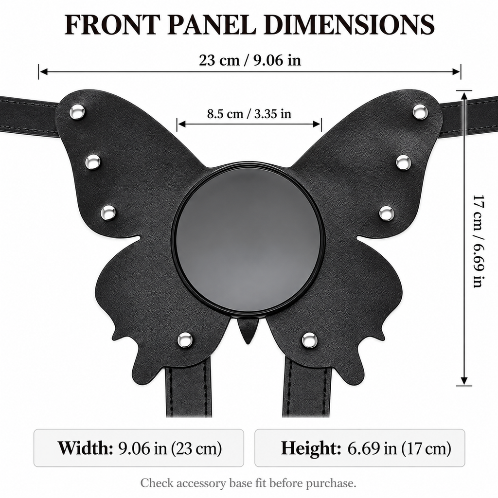 Black butterfly harness front panel: 9.06 in width, 6.69 in height, 3.35 in upper gap (supplier dimensions)