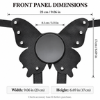 Black butterfly harness front panel: 9.06 in width, 6.69 in height, 3.35 in upper gap (supplier dimensions)