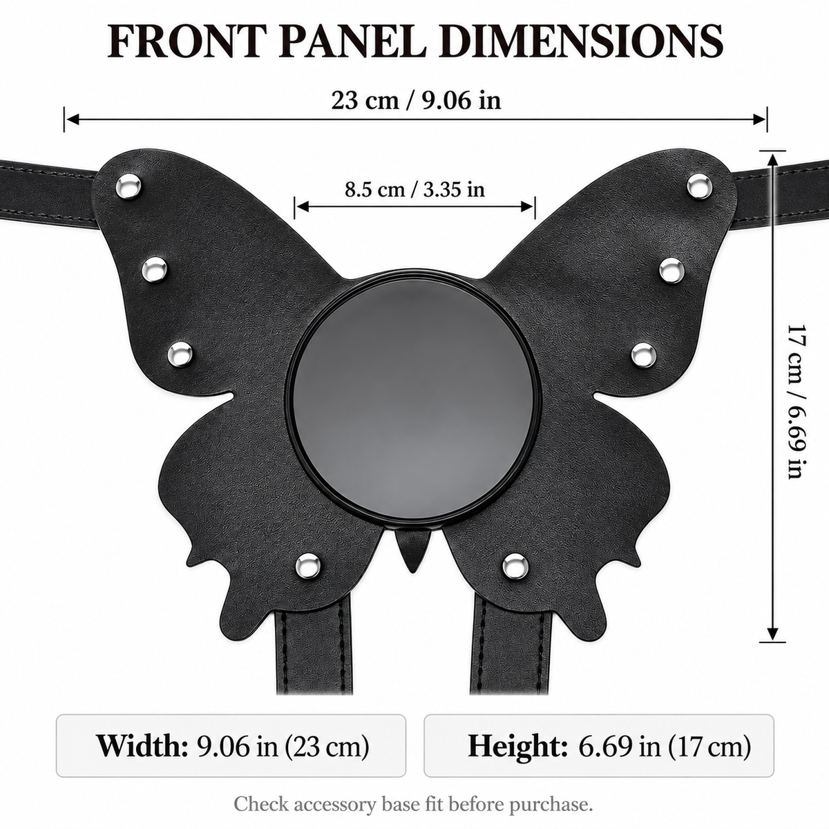 Black butterfly harness front panel: 9.06 in width, 6.69 in height, 3.35 in upper gap (supplier dimensions)