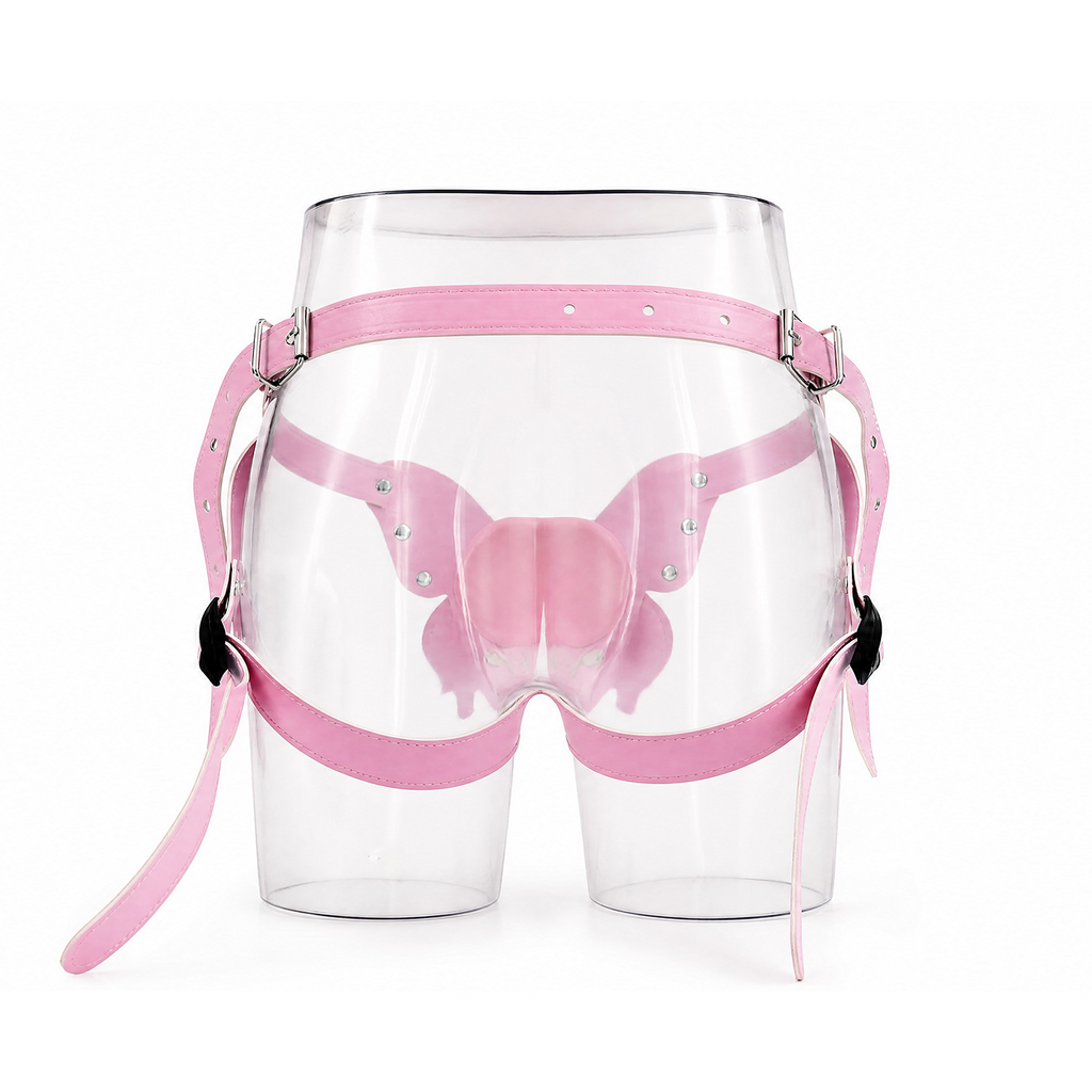 Pink butterfly adjustable harness shown from the back, revealing waistband and leg-strap arrangement