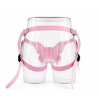 Pink butterfly adjustable harness shown from the back, revealing waistband and leg-strap arrangement