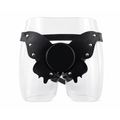 Black butterfly adjustable strap-on harness on display form, showing front panel and circular mount