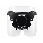 Black butterfly adjustable strap-on harness on display form, showing front panel and circular mount