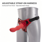 Red adjustable strap-on harness on a mannequin with contoured front panel and black straps