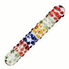 Multicolor raised-bubble glass dildo, diagonal view on white background