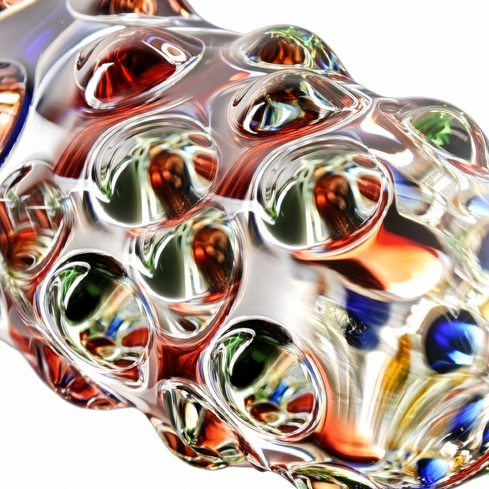 Glass surface detail close-up, showing colorful raised bubble texture and reflections