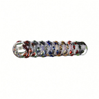 Horizontal view of textured multicolor glass dildo and clear end shape