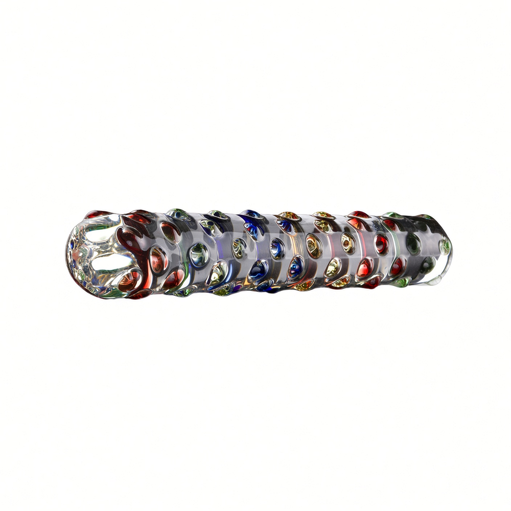 Horizontal view of textured multicolor glass dildo and clear end shape