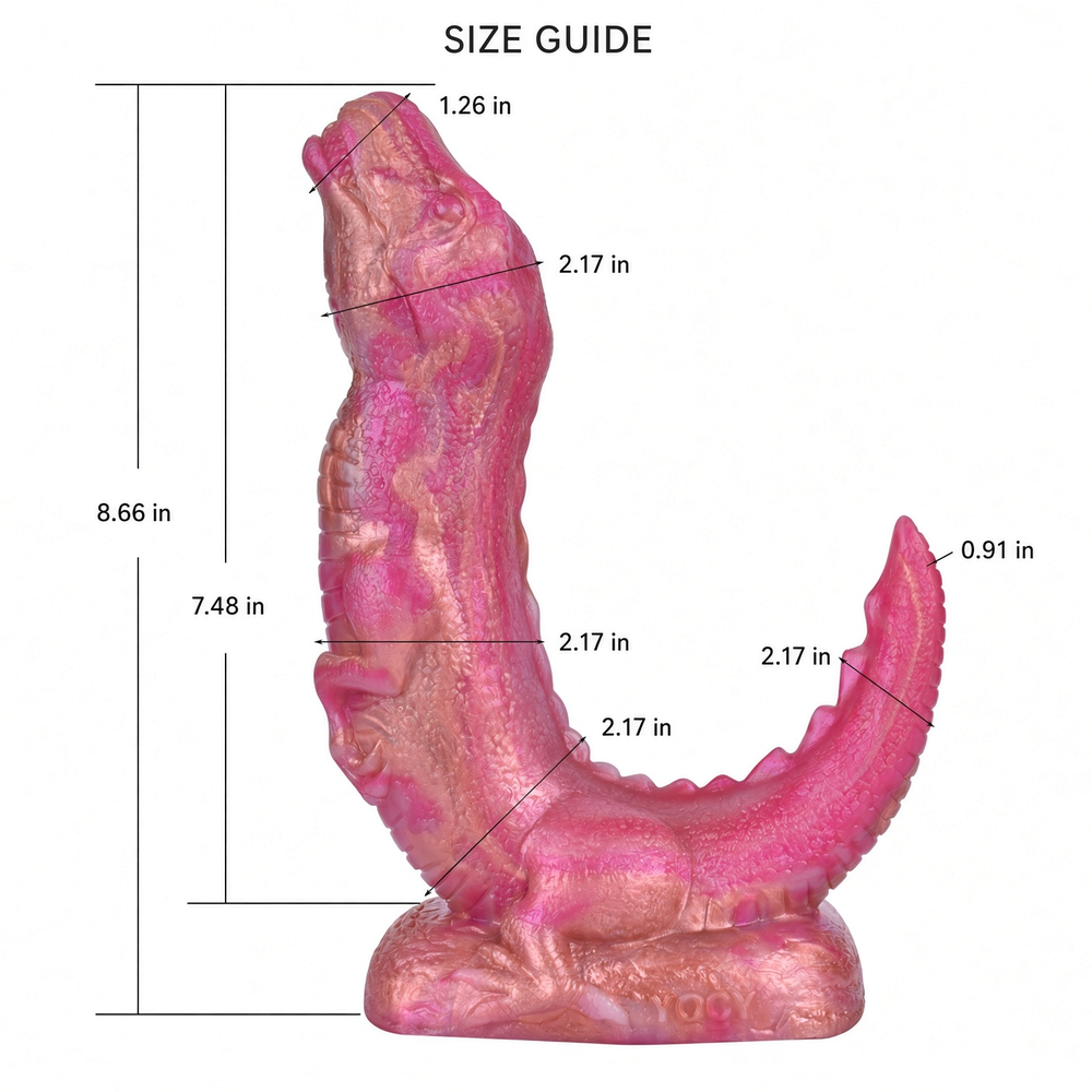 Crocodile fantasy dildo size guide in inches showing overall height and localized widths