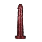 Deep burgundy realistic inflatable dildo, upright uninflated photo on white