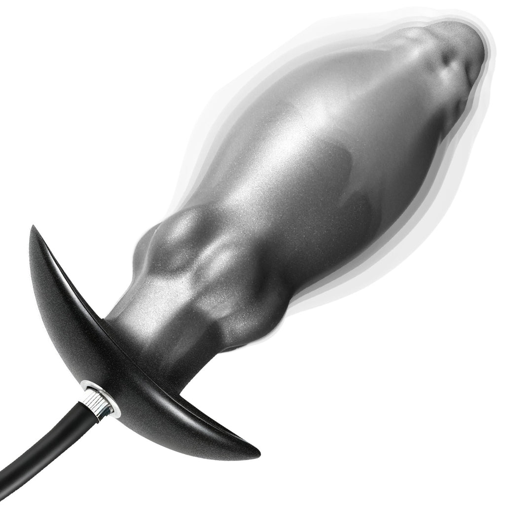 Silver black inflatable anal plug with wide T-base and manual air tubing