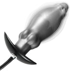 Silver black inflatable anal plug with wide T-base and manual air tubing