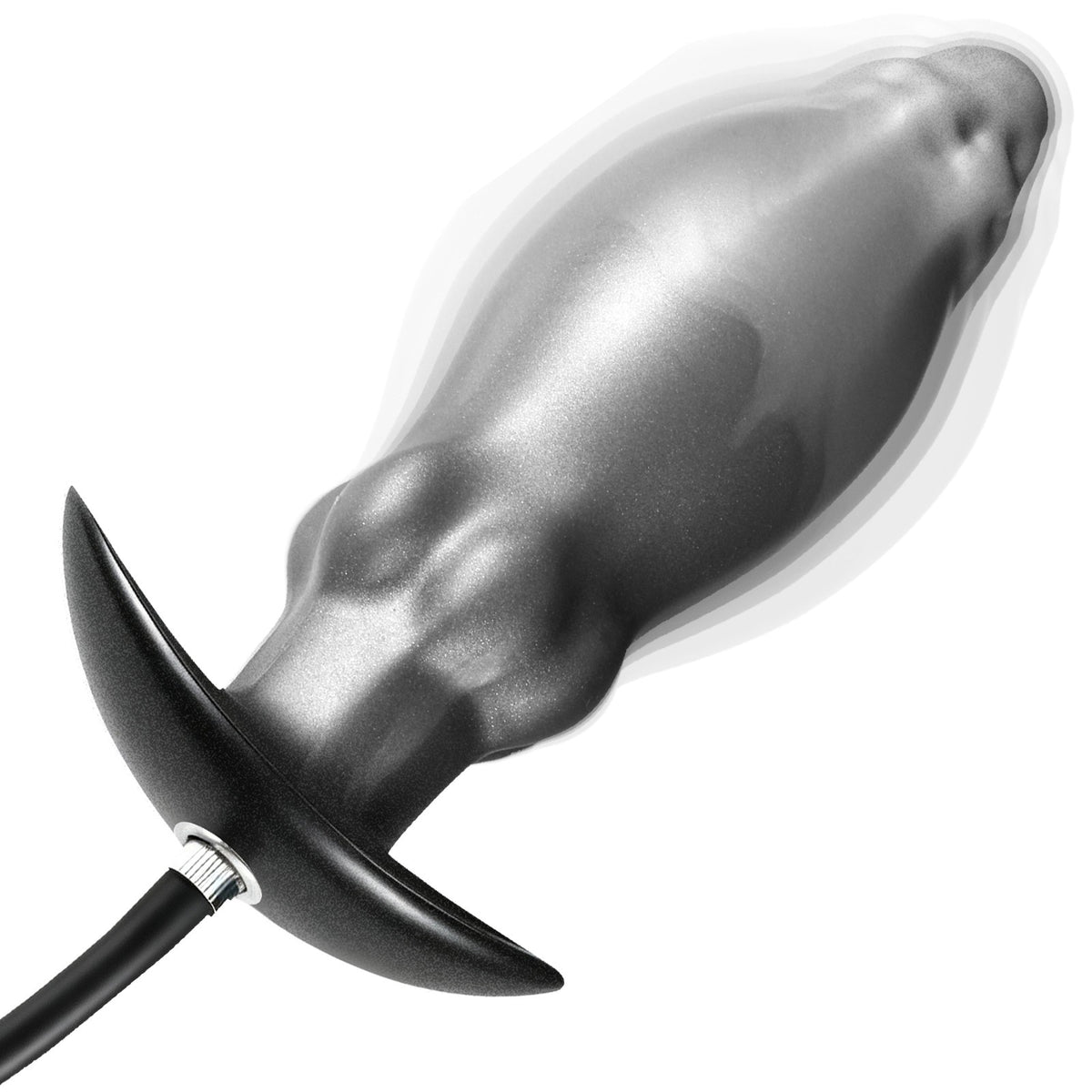 Silver black inflatable anal plug with wide T-base and manual air tubing