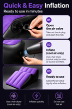 Three-step inflation guide for the purple and black inflatable positioning wedge, showing the air valve, cool-air inflation and valve closure