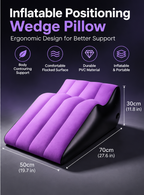 Inflated dimensions of the purple and black inflatable positioning wedge pillow: 70 by 50 by 30 cm