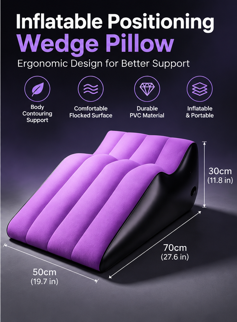 Inflated dimensions of the purple and black inflatable positioning wedge pillow: 70 by 50 by 30 cm