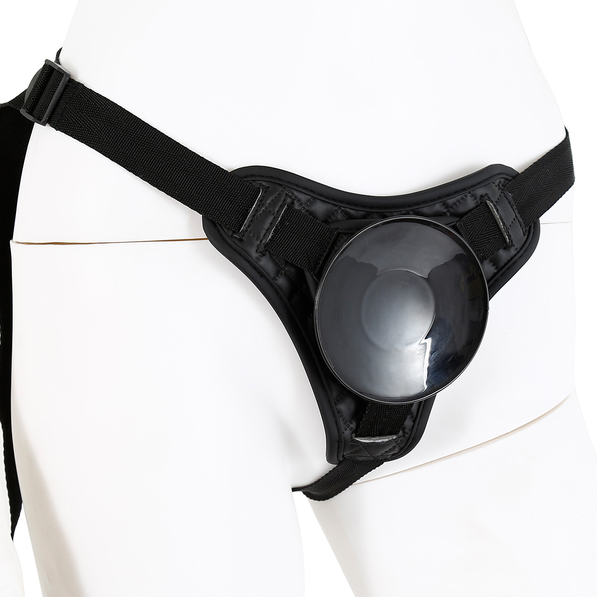 Black harness with raised disc mounting area shown on white display mannequin