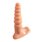 Flesh-tone fantasy foot dildo with tall graduated bead shape, white-background side view
