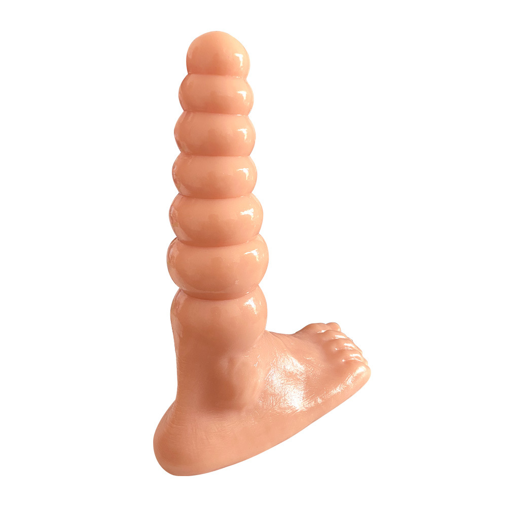 Flesh-tone fantasy foot dildo with tall graduated bead shape, white-background side view