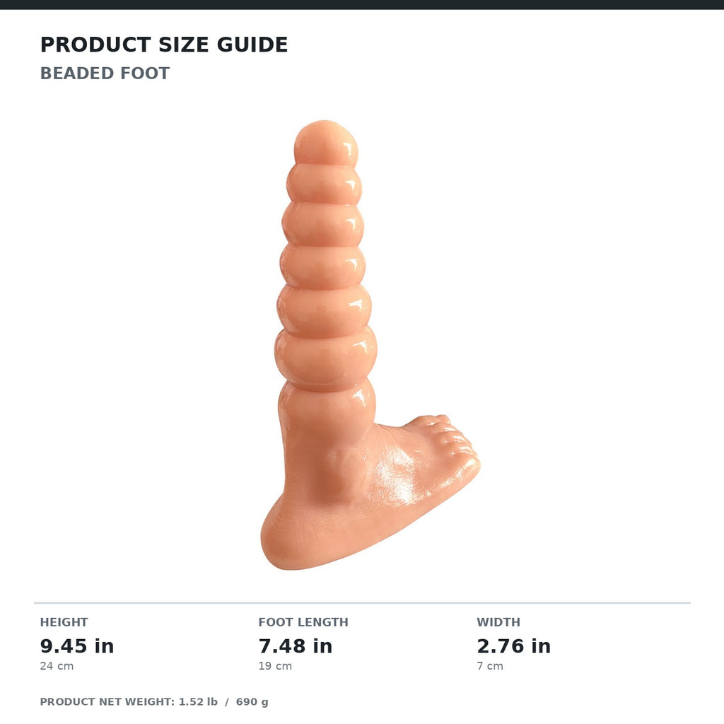 US size guide for beaded foot: overall height 9.45 in, foot length 7.48 in, width 2.76 in