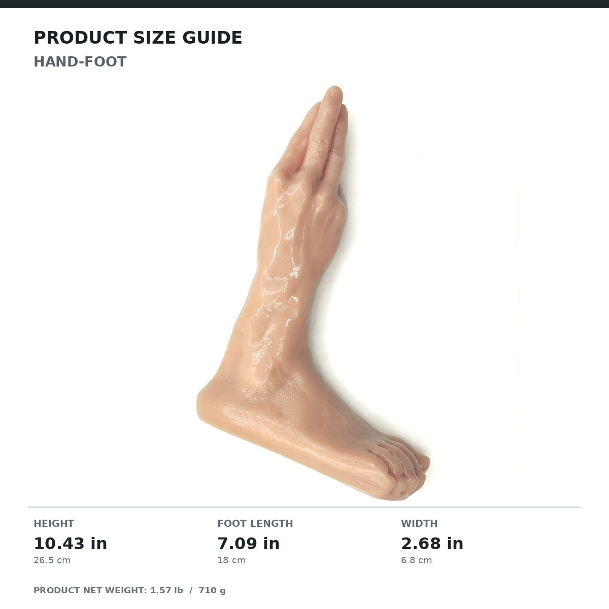 US size guide for hand-foot: overall height 10.43 in, foot length 7.09 in, width 2.68 in