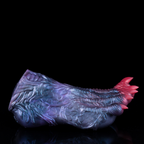 Side profile of fantasy claw masturbation sleeve with textured blue and purple outer surface