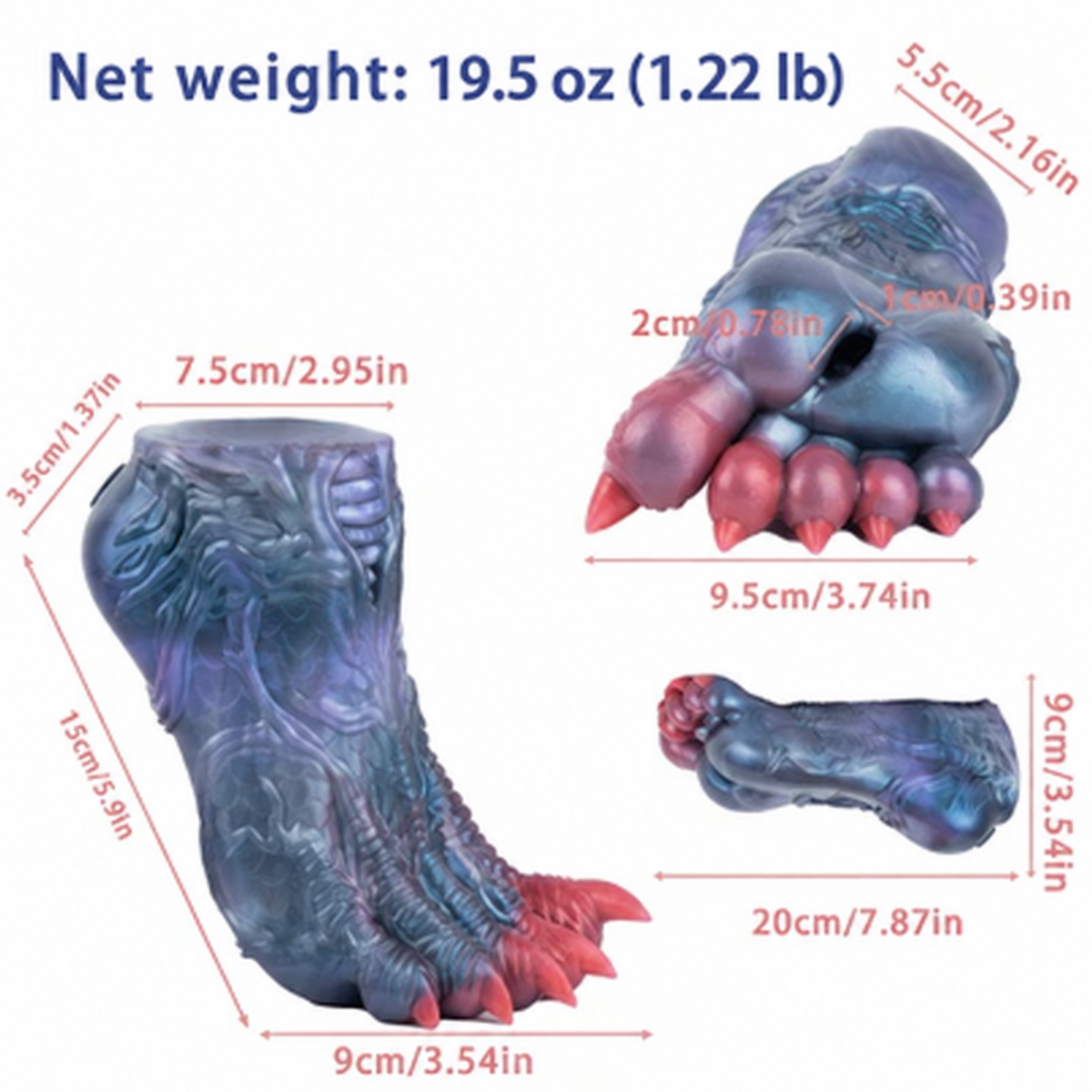 Dragon claw fantasy masturbator US dimensions and net weight 19.5 oz (1.22 lb), without supplier model number